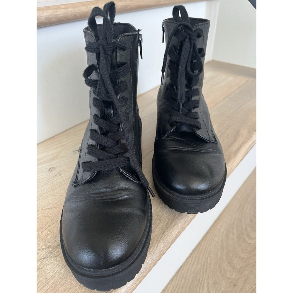 Report Black Faux Leather Lace Up Combat Boots Side Zip Womens Size 8M Grunge